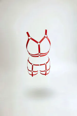 Red Harness Set Faux Leather Metal Ring Detailed Body Accessory - APFT719