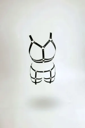 Black Harness Suit Leather O-Ring Detailed Body Accessory - APFT719