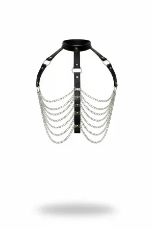Black Faux Leather Body Harness with Draped Silver Chains and Choker Collar