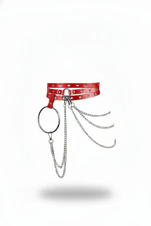 Red Faux Leather Triple Strap Waist Harness with Draped Chains and Large O-Ring Hardware