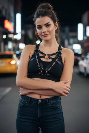 Black Women's Belt Leather Chain Detailed Body Accessory - APFT741