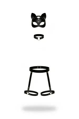 Black Harness Suit with Cat Mask and Faux Leather Studded - APFT783