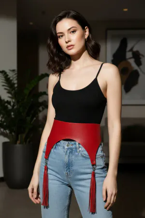 Red Women's Belt Thick Tassel Detailed Wide Waist Accessory - APFT788
