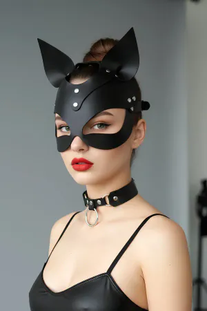 Black Mask Leather Cat Ears Costume - APFT789
