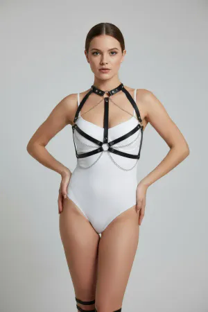 Black Chest Harness Leather Collar with Chain Detail - APFT796