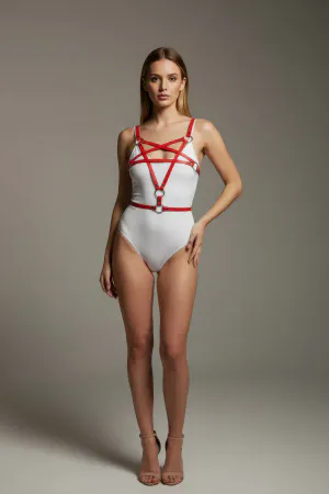 Red Women's Belt with Cross Ring Detail Body Accessory - APFT821