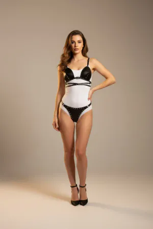 Black Harness Set with Studded Leather Bralette Detail - APFT849