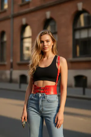 Red Women's Belt Thick Leather Corset Waist - APFT853