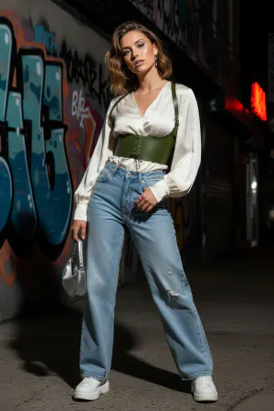 Khaki Women's Belt Lace-Up Corset Detailed Wide Waist - APFT855