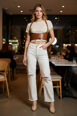 Tan Women's Wide Corset Waist Accessory with Belt Tie - APFT855