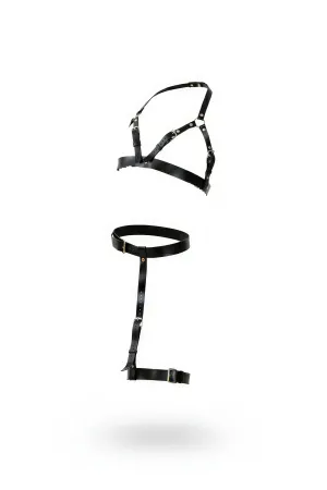 Black Faux Leather Chest Harness and Single Leg Garter Set with Silver Buckles