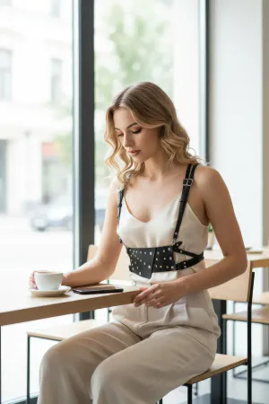 Black Women's Belt Studded Waist Bag Leather - APFT918