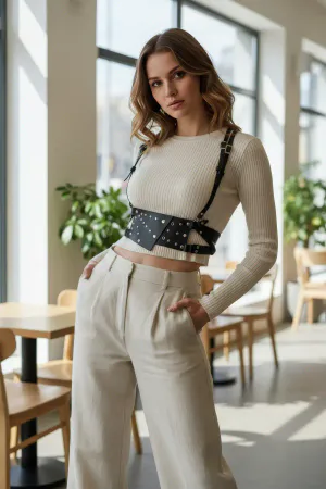 Black Women's Belt Studded Waist Bag Leather - APFT918