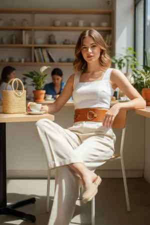 Tan Women's Belt High Waist with Thick Ring Buckle - APFT920