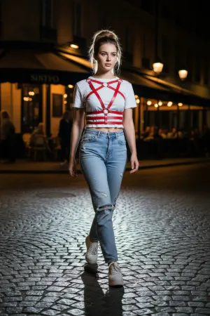 Red Women's Belt Multi-Striped Metal Ring Detailed Body Accessory - APFT955