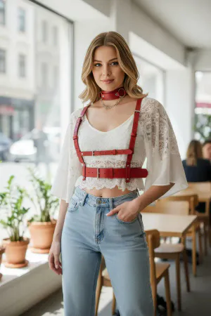 Red Women's Belt Leather Body Accessory Buckle Vest - APFT959