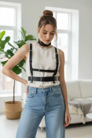 Black Women's Belt Body Harness Detailed Waist Accessory - APFT959