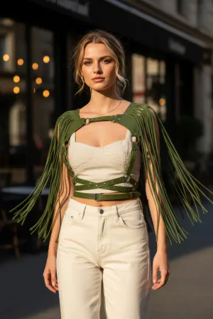 Khaki Chest Harness Multi-Belt Leather with Staple Detail - APFT999