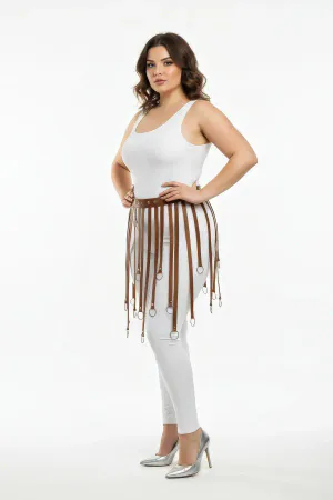 Plus Size Tan Leather Look Accessory Skirt with Hoop Detail - APFT579