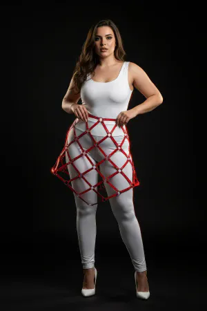Plus Size Red Leather Skirt Harness Body Accessory with Lattice Knit Design - APFT982