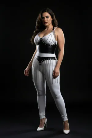 Plus Size Black Skirt with Leather Look Chain Fringe Detail - APFT994