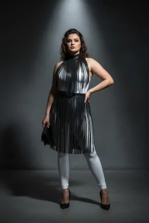 Large Size Black Tassel Detailed Leather Skirt Long Combination Piece - APFT997