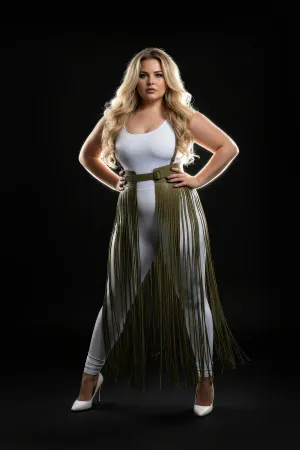 Plus Size Khaki Leather High Waist Skirt with Tassel Detail - APFT1003