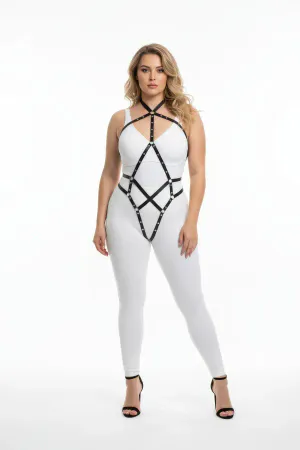 Plus Size Black Women's Leather Harness Body Accessory with Metal Detail - APFT295