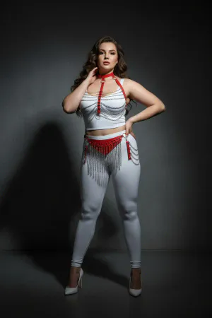 Plus Size Red Women's Leather Harness Suit Chain Detailed Fancy Accessory - APFT328