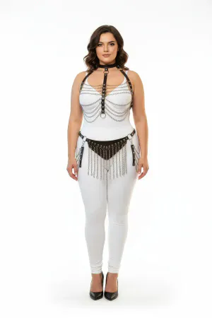 Plus Size Black Women's Harness Suit with Chain and Tassel Detail Leather Fancy Accessory - APFT328