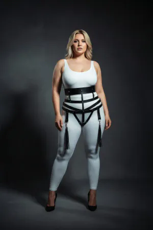 Plus Size Black Women's Leather Harness Suit with Garter and Tassel Detail - APFT397