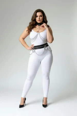 Plus Size Black Women's Leather Harness Suit Chain Detailed Body Accessory - APFT413