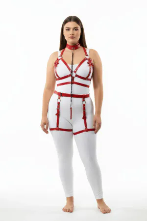 Plus Size Red Women's Harness Suit with Chain Detail and Garter - APFT457
