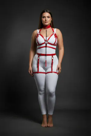 Plus Size Red Women's Harness Suit with Chain Detail and Garter - APFT457