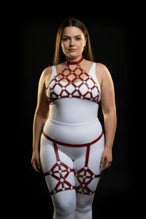 Plus Size Red Women's Harness Suit with Garter and Stud Detail Fancy - APFT460