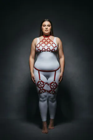 Plus Size Red Women's Harness Suit with Garter and Stud Detail Fancy - APFT460