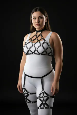 Plus Size Black Women's Leather Full Body Harness Set with Ring Detail and Garter - APFT460