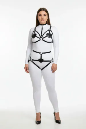Plus Size Black Women's Leather Harness Set with Heart Detail Fancy Accessory - APFT467