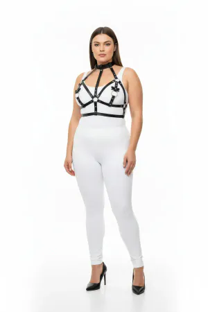 Plus Size Black Women's Leather Harness Set with Neck Collar and Ring Detail Fancy Accessory - APFT473