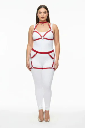Plus Size Red Women's Leather Harness Set with Garter Ring Detail - APFT478