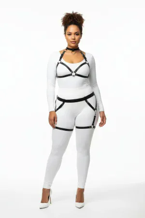 Plus Size Black Women's Leather Harness Set with Garter Ring Detail - APFT478