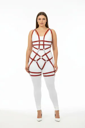 Plus Size Claret Red Women's Harness Suit Fancy Leather with Chain and Ring Detail - APFT502