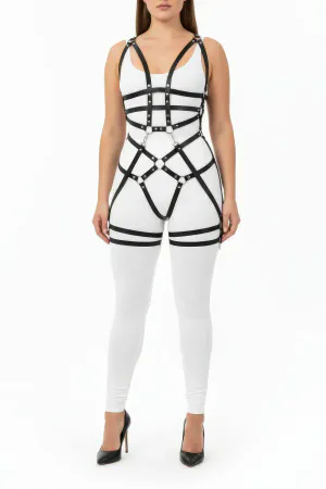 Plus Size Black Women's Full Body Leather Harness Set with Ring Detail - APFT502