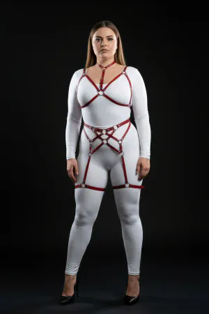 Plus Size Red Women's Leather Fantasy Harness Set with Garter - APFT507