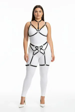 Plus Size Black Women's Harness Set Full Body Ring Detailed Body Accessory - APFT507