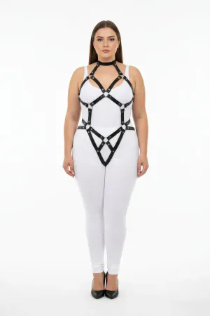 Plus Size Black Women's Harness Set Fancy Body Accessory with Leather Ring Detail - APFT514