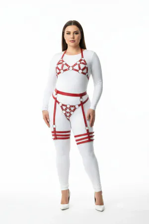 Plus Size Red Women's Leather Harness Set Ring Detailed Garter Fancy Accessory - APFT530