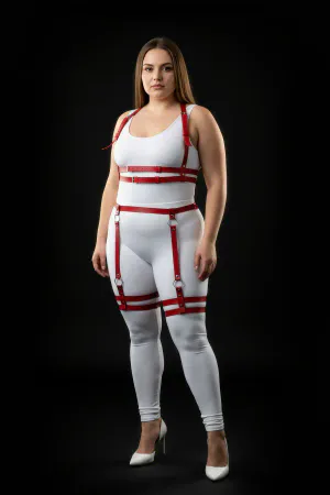 Plus Size Red Women's Leather Harness Set with Adjustable Ring Detail - APFT537