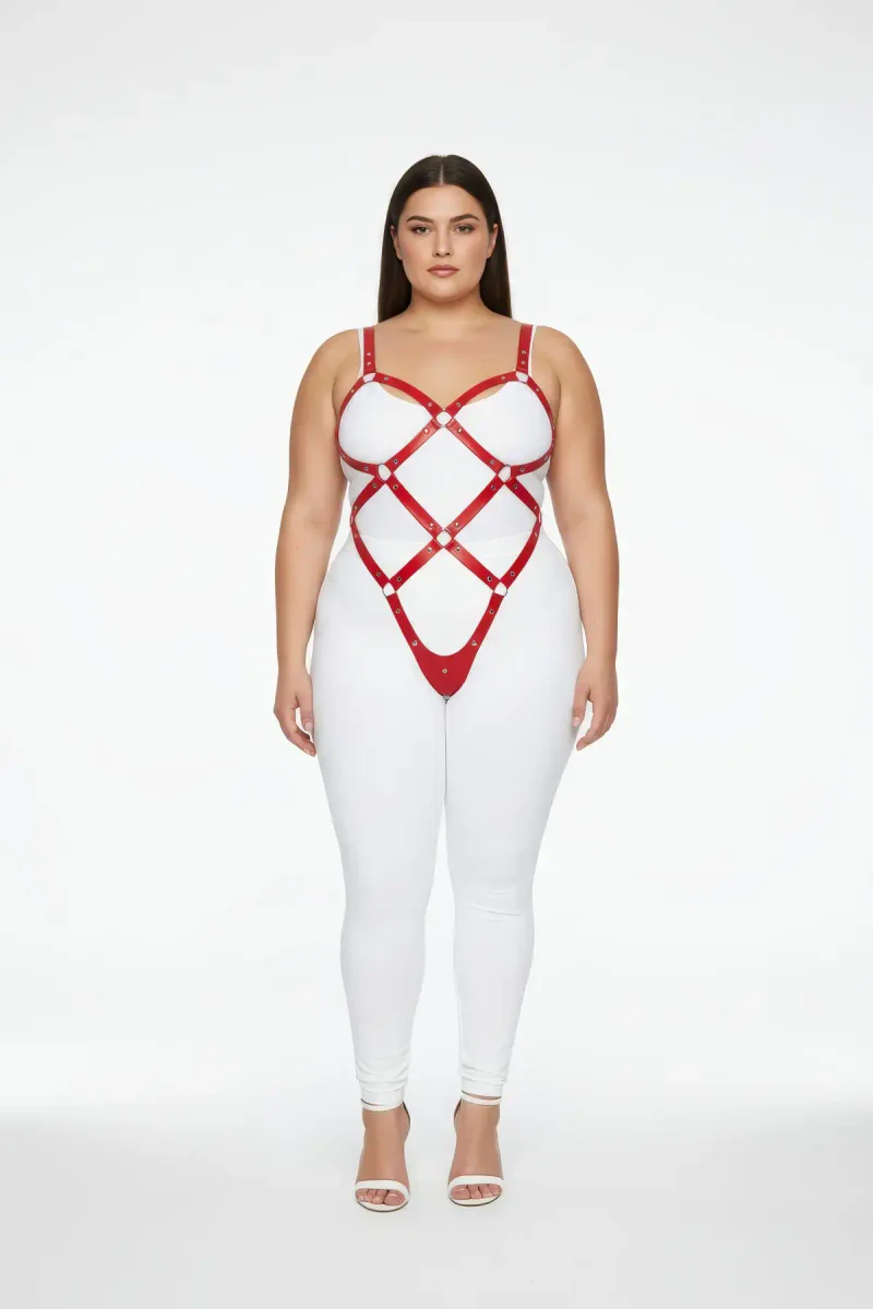 Red Plus Size Women's Full Body Adjustable Leather Harness