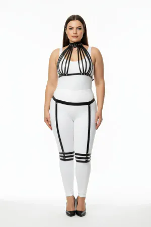 Plus Size Black Women's Leather Harness Suit with Garter Fancy Body Accessory - APFT552